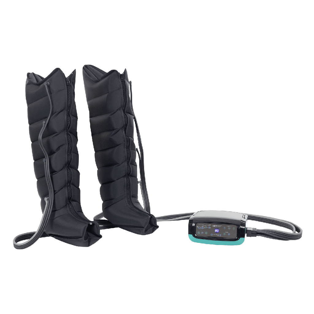 Pair of black leg warmers with a control device on a white background