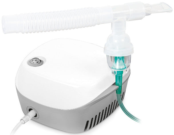 White and gray handheld nebulizer with hose on a white background