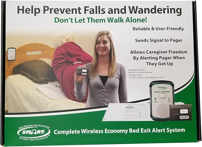 Advertisement for a wireless bed exit alert system with a woman holding a device and text about preventing falls and wandering.