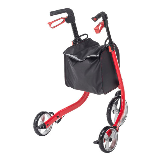 Red rollator with a black bag on a white background