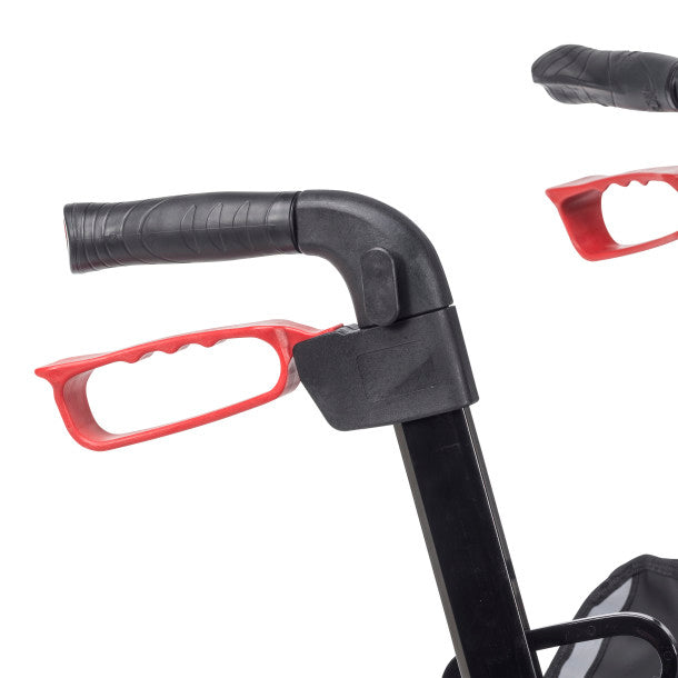 Close-up of a black and red handlebar with a white background