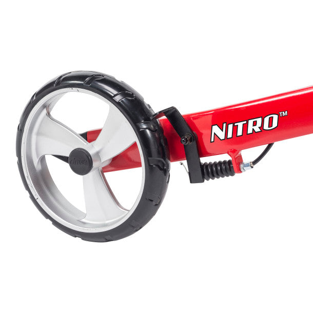 Red scooter with a large wheel on a white background