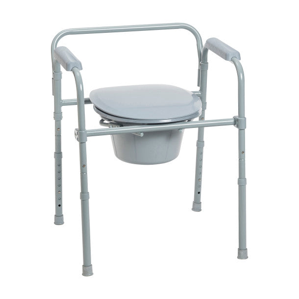 Gray metal commode chair with a white background