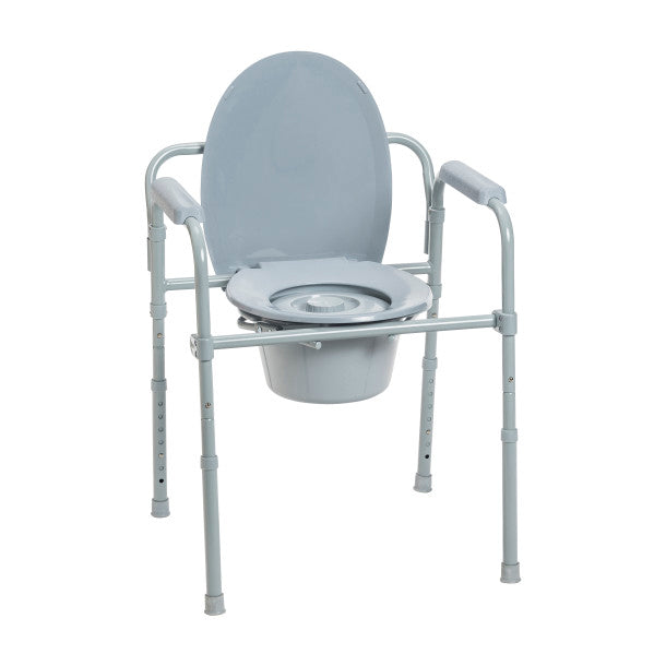Gray commode chair with adjustable legs on a white background