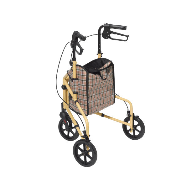 Beige walker with plaid bag on a white background