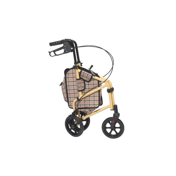 Beige walker with a plaid bag on a white background