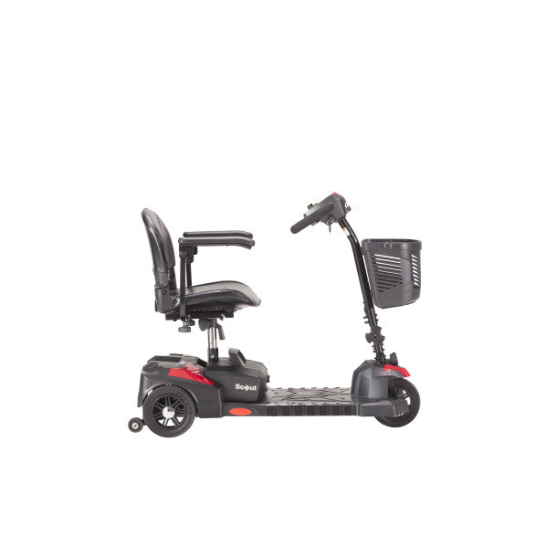 Black mobility scooter with a seat and basket on a white background