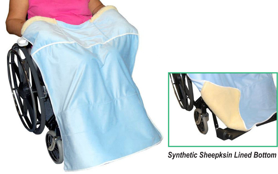 Wheelchair cover with synthetic sheepskin lining on a white background