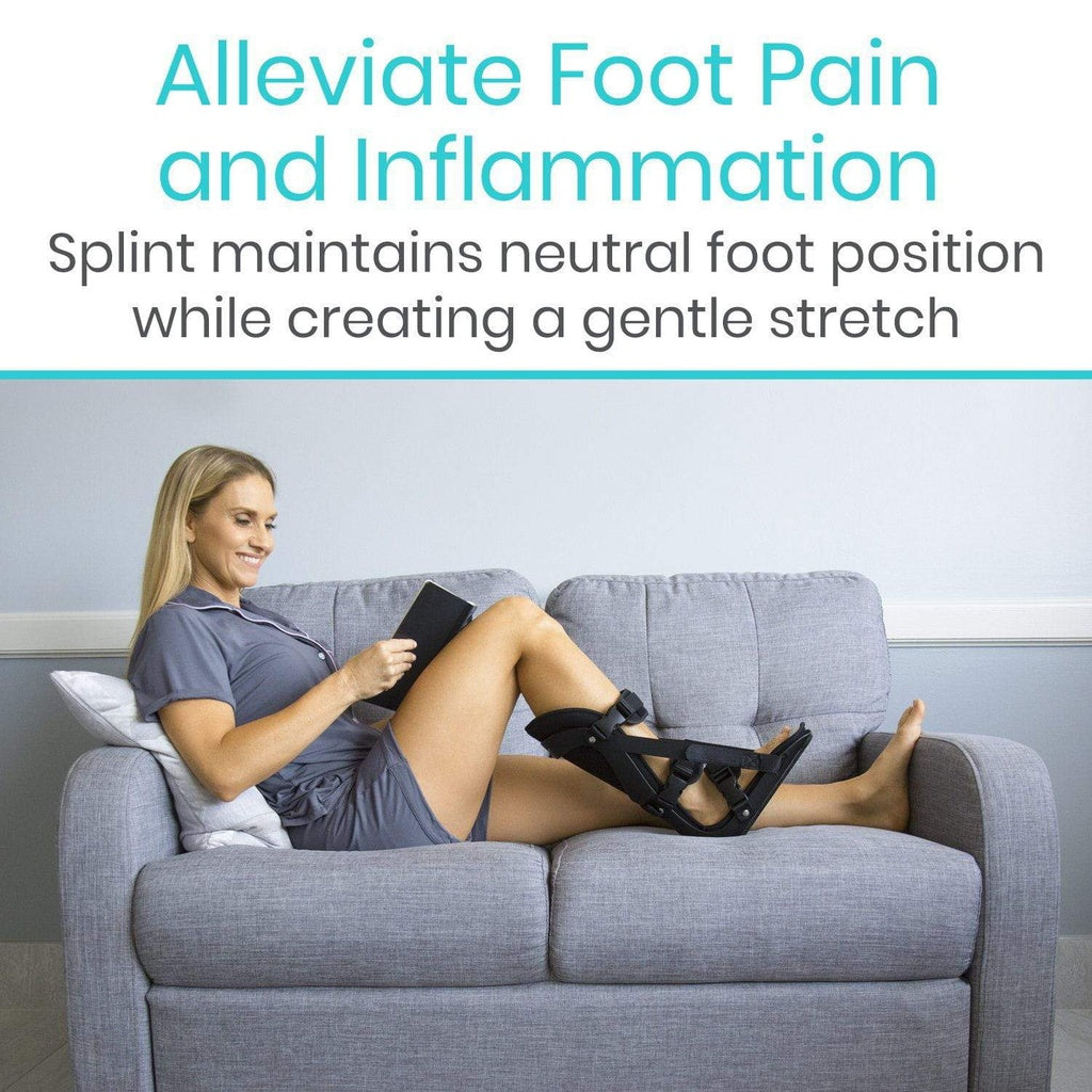 Woman sitting on a couch with a foot splint, text about alleviating foot pain and inflammation.