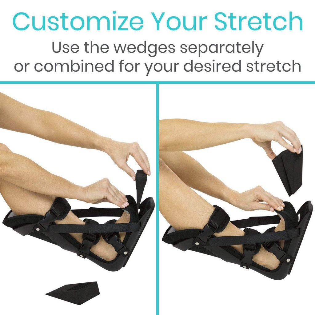 Black foot stretchers being used on feet with text 'Customize Your Stretch' and 'Use the wedges separately or combined for your desired stretch'.