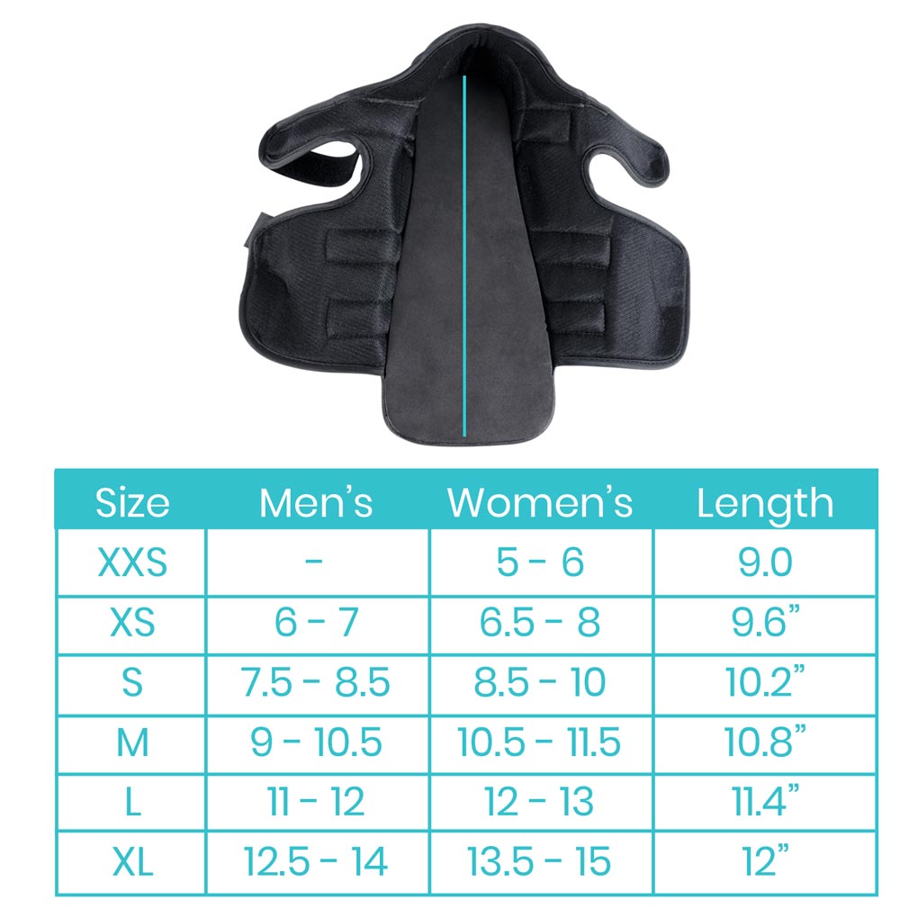 Black protective vest with size chart on a white background