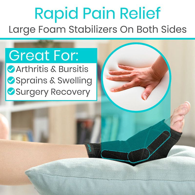 Foot brace with text about rapid pain relief and its uses on a blurred indoor background