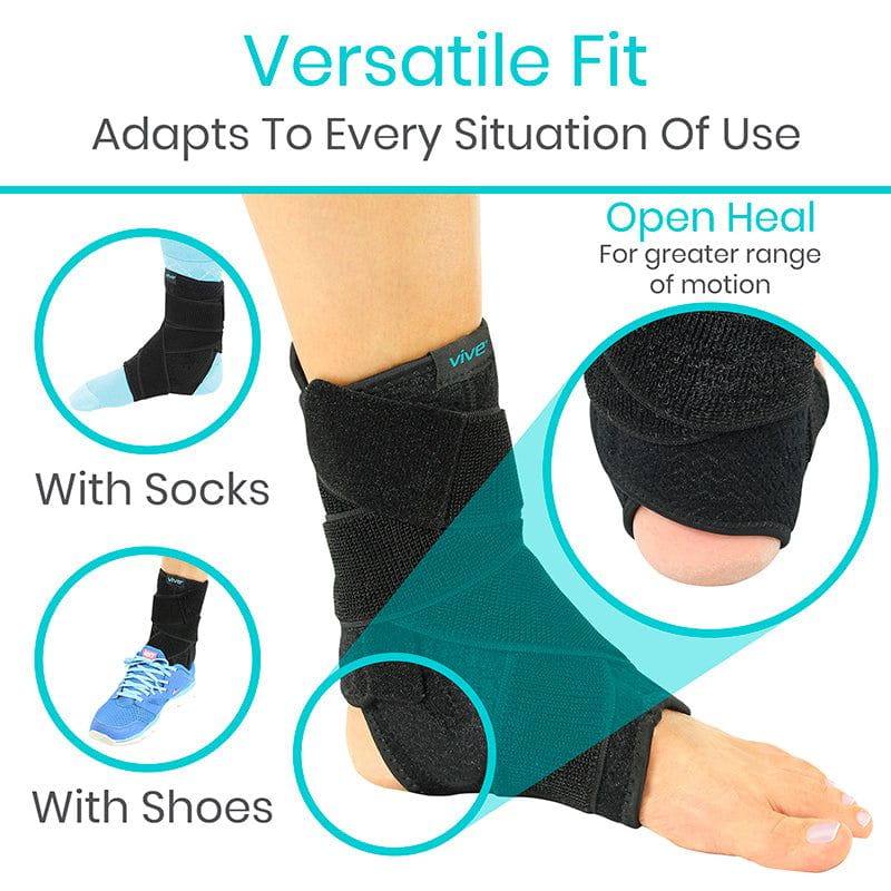 Ankle support brace with text highlighting its versatility for different situations.