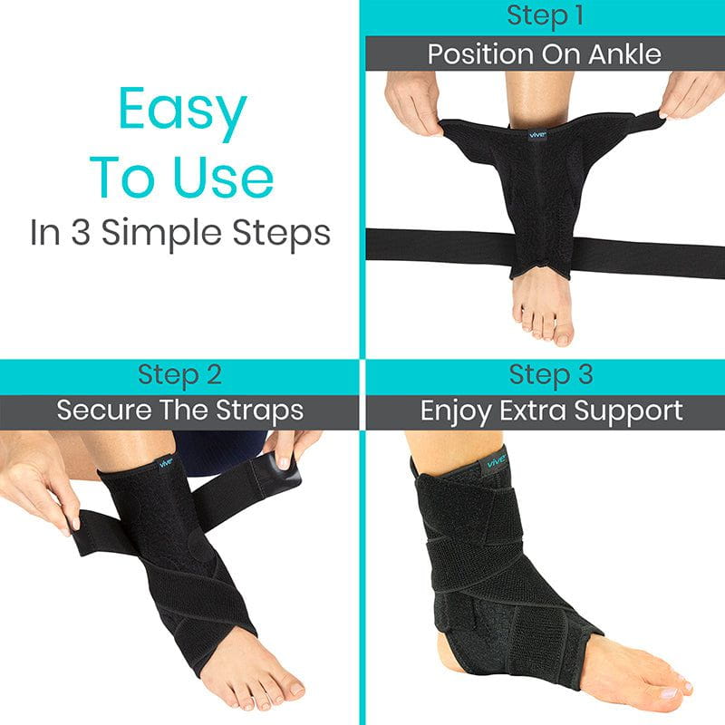 Step-by-step guide on how to use an ankle support brace with text and images.