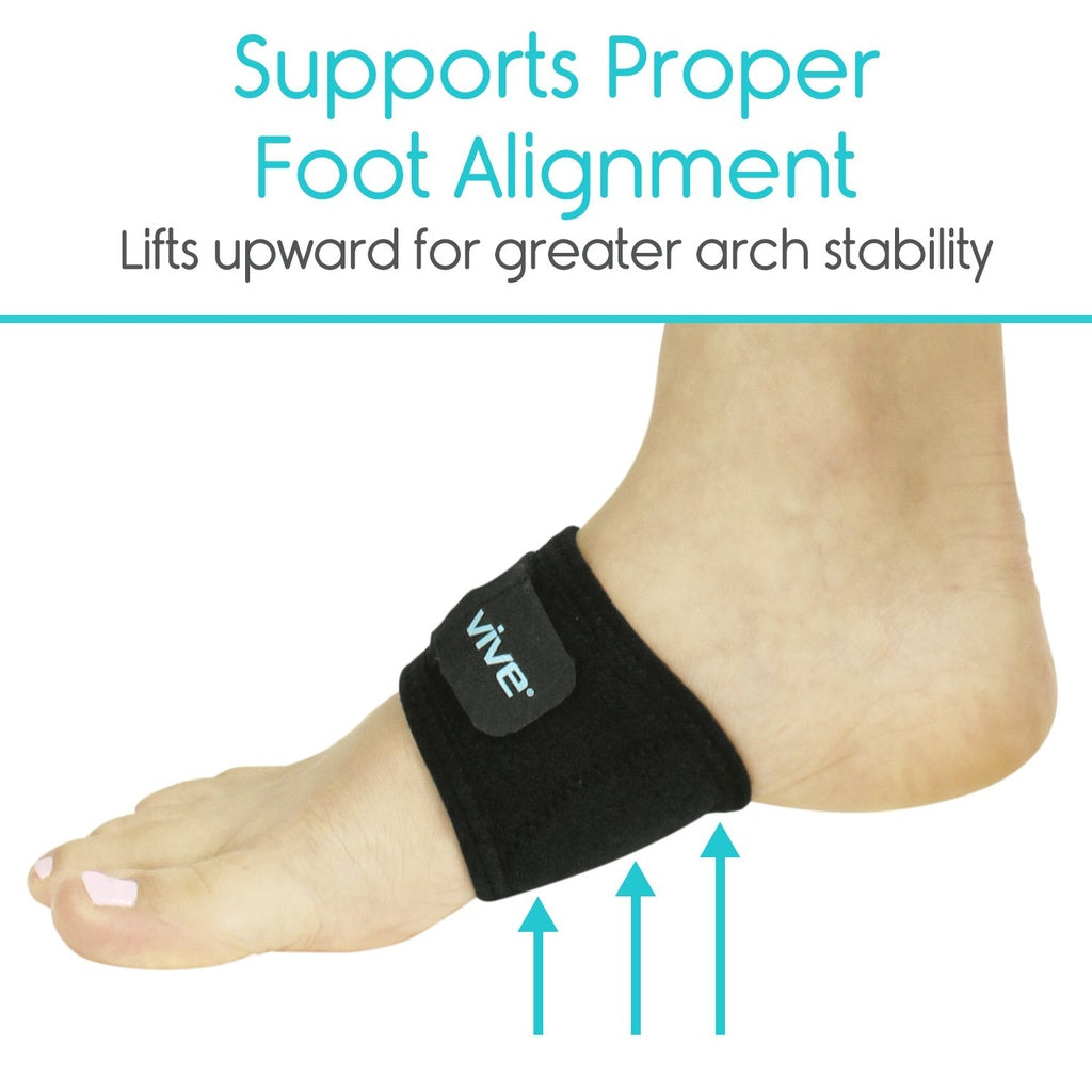 Black ankle support brace worn on a foot with text highlighting its benefits.