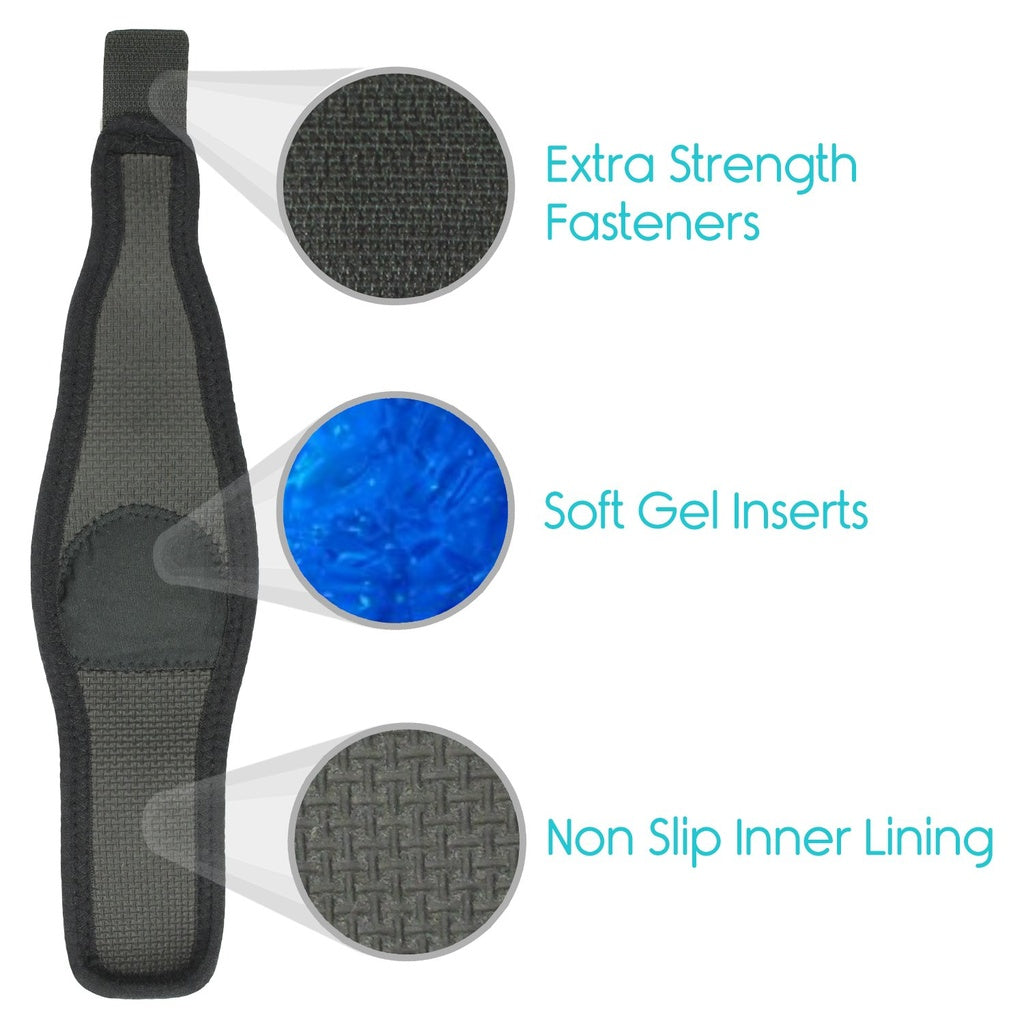 An orthopedic support brace with features highlighted on a white background