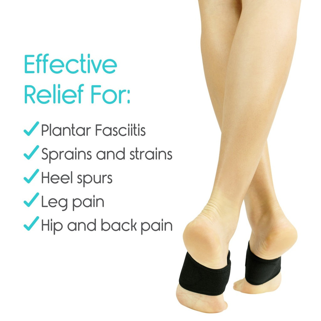Black foot wraps on feet with text listing conditions they help with on a white background