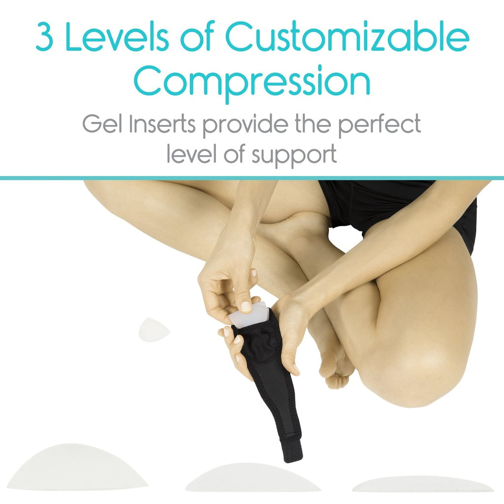 Person adjusting a compression garment with text about customizable compression levels.