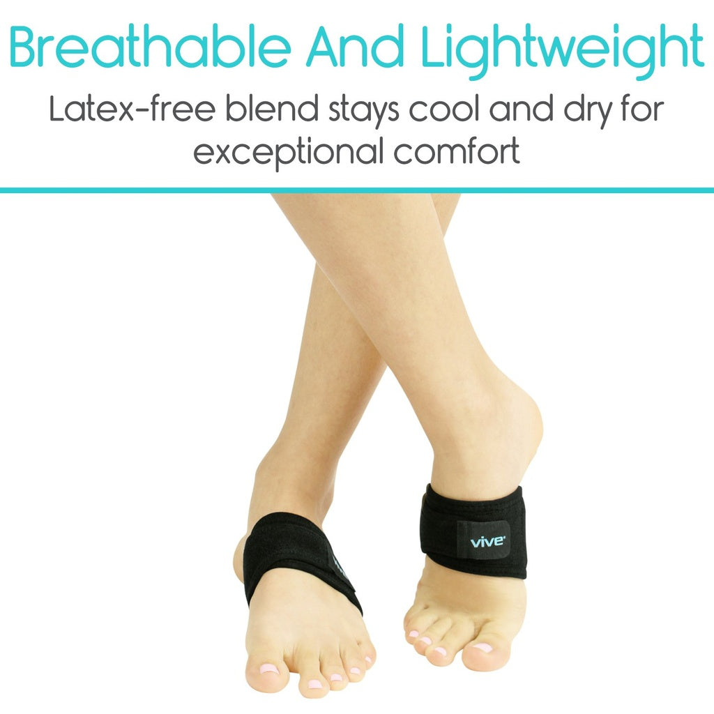 Black ankle support brace on feet with text about breathability and comfort