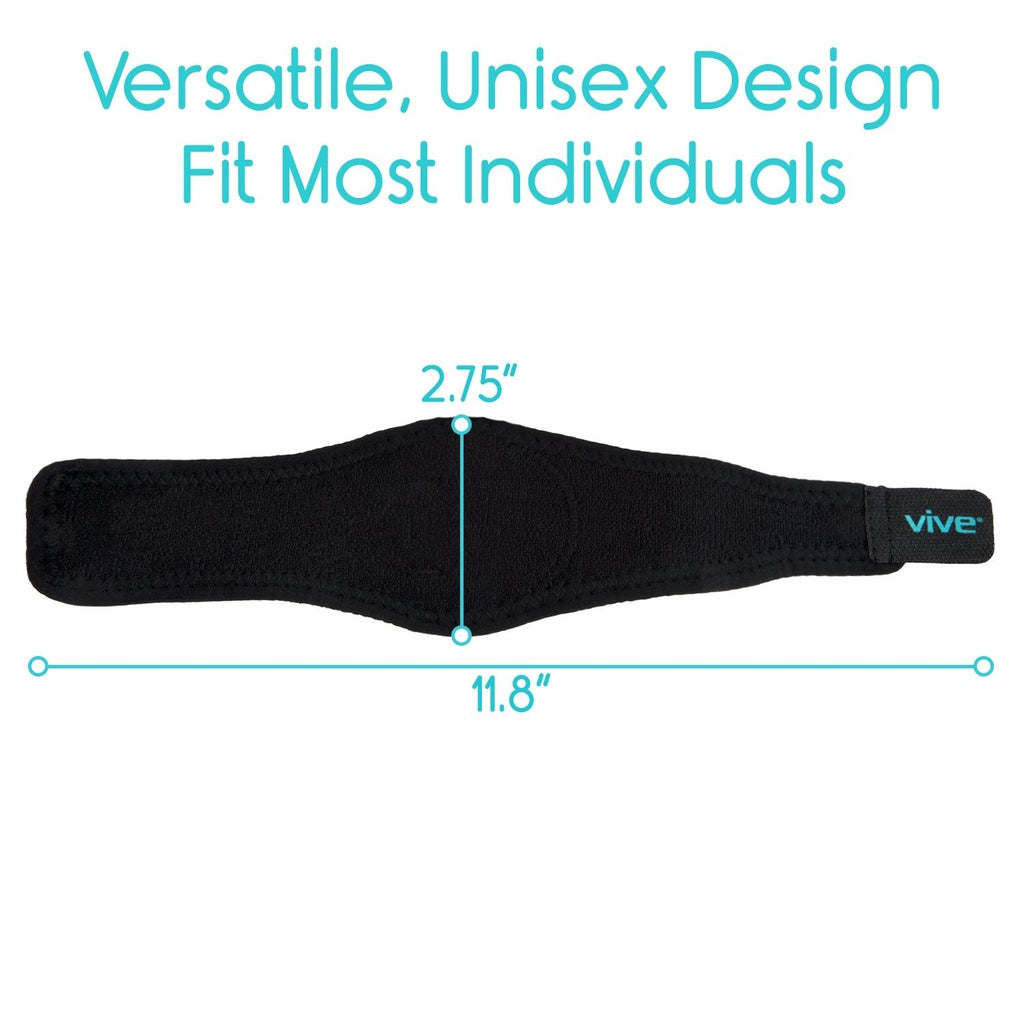 Black headband with measurements and 'vive' branding on a white background