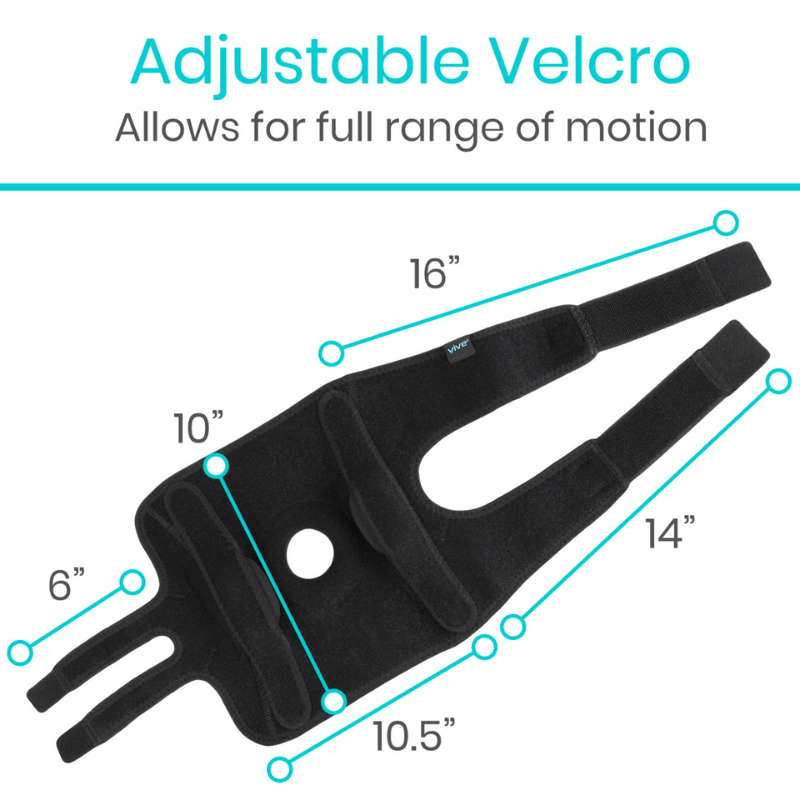 Black adjustable Velcro shoulder brace with measurements on a white background