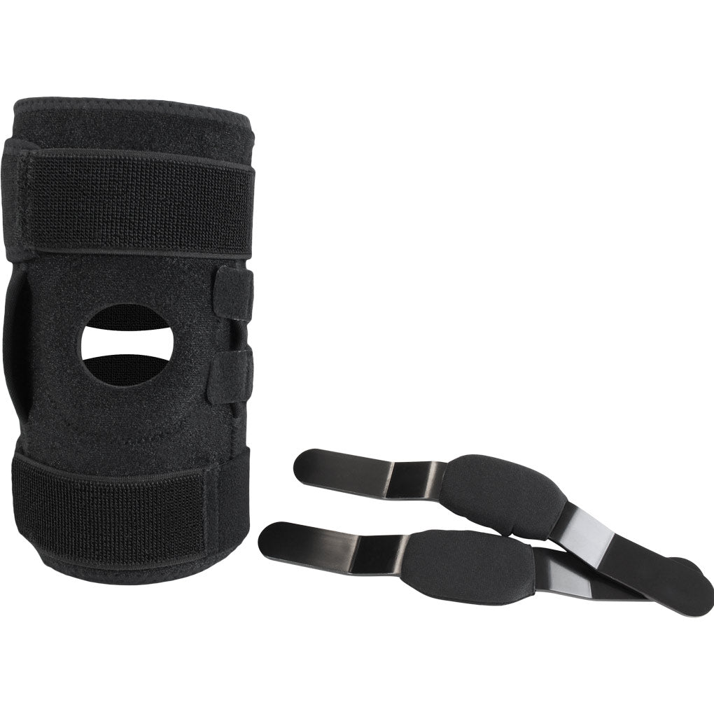 Black knee brace with straps on a white background