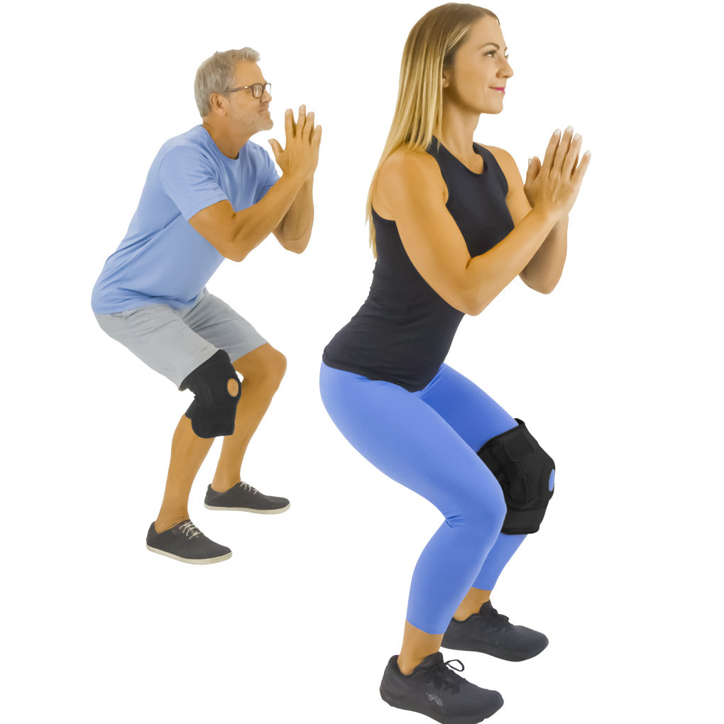 Two people demonstrating a squat exercise with knee pads on a white background