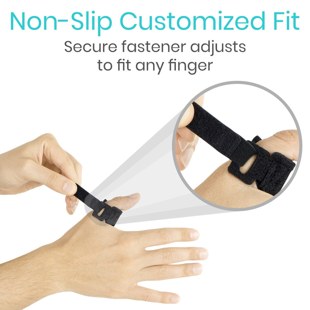 Hand wearing a black non-slip customizable fit fastener adjusting to fit any finger.