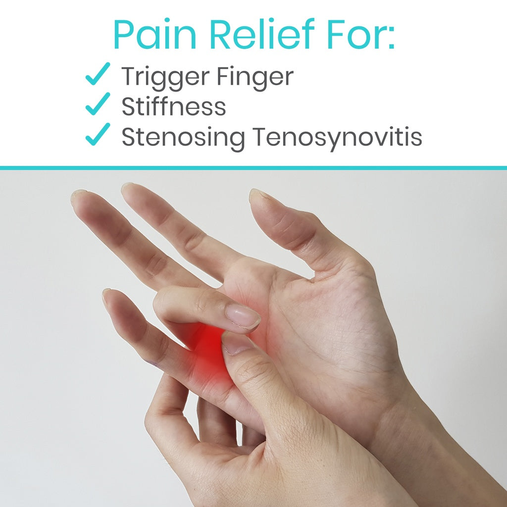 Hand with a red dot indicating pain, text about pain relief for trigger finger, stiffness, and stenosing tenosynovitis.
