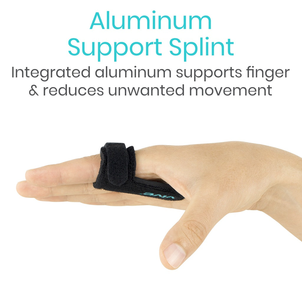 Hand wearing an aluminum support splint with text on a white background