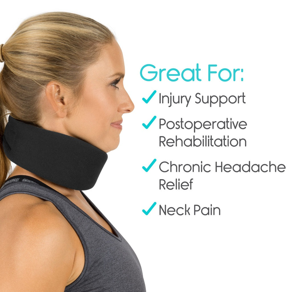 Woman wearing a neck brace with text highlighting its uses on a white background