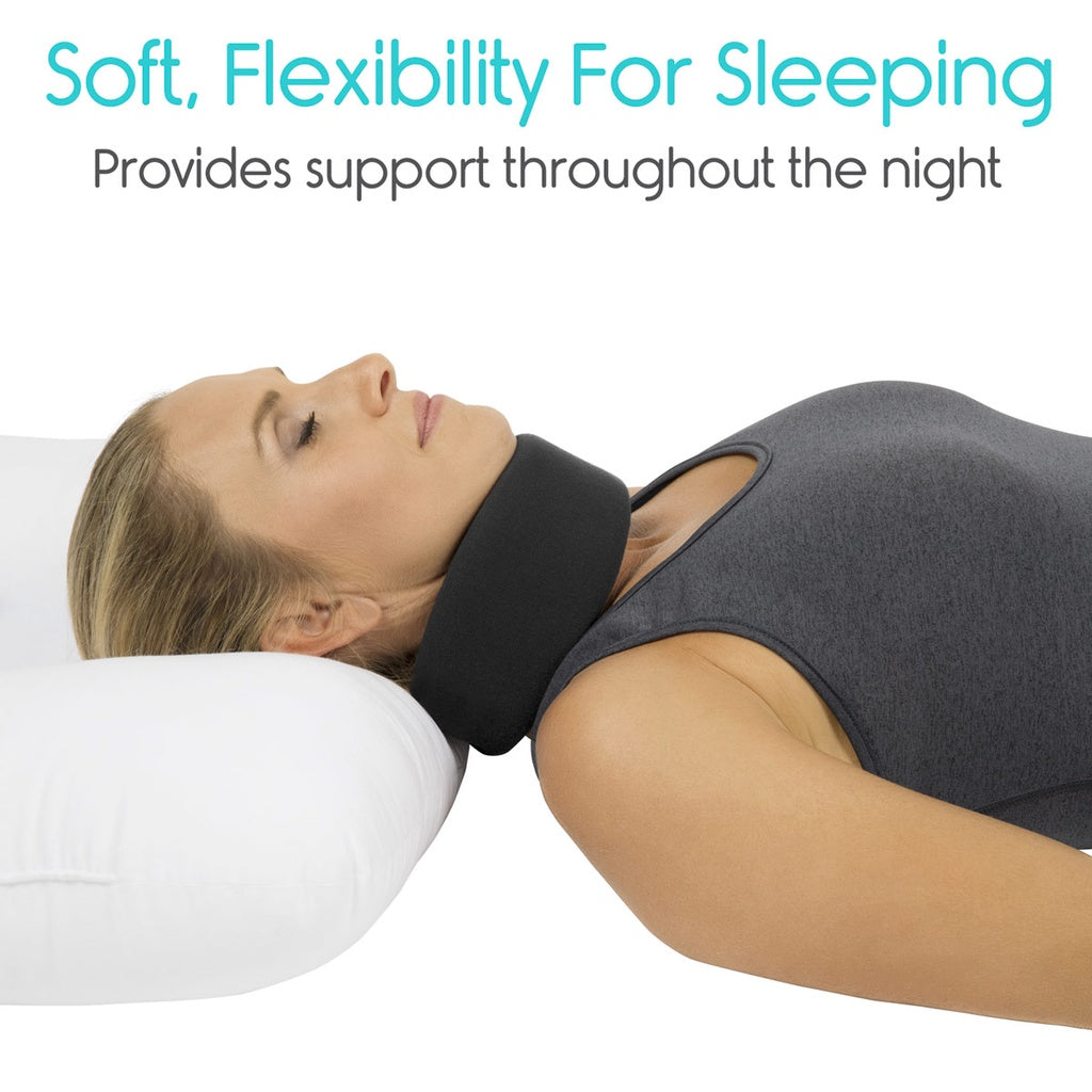 Woman lying on a pillow with a neck support device, text about softness and flexibility for sleeping.