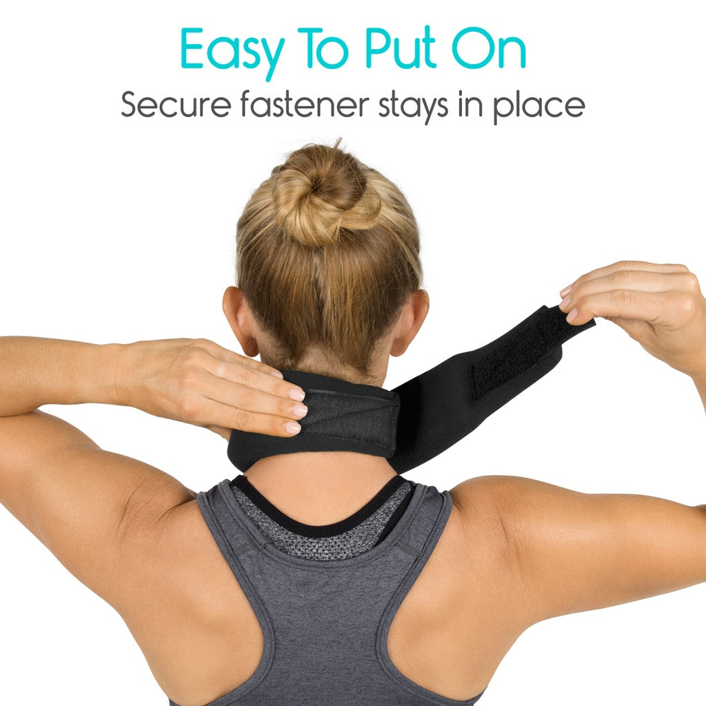 Person wearing a black neck brace with text indicating ease of use and secure fastening.
