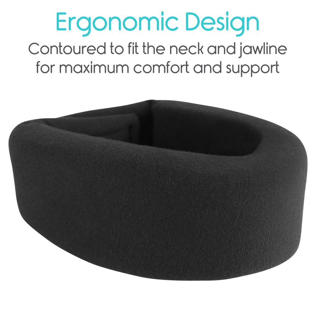 Black ergonomic neck pillow with text on a white background