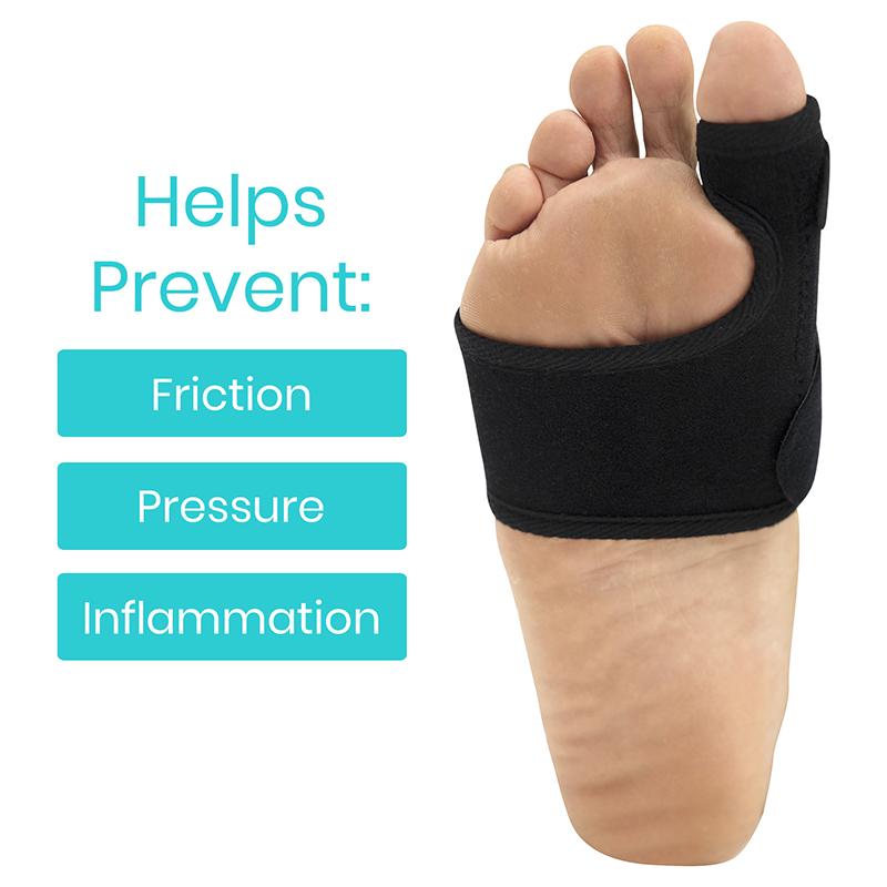 Black bunion corrector on a foot with text indicating benefits on a white background