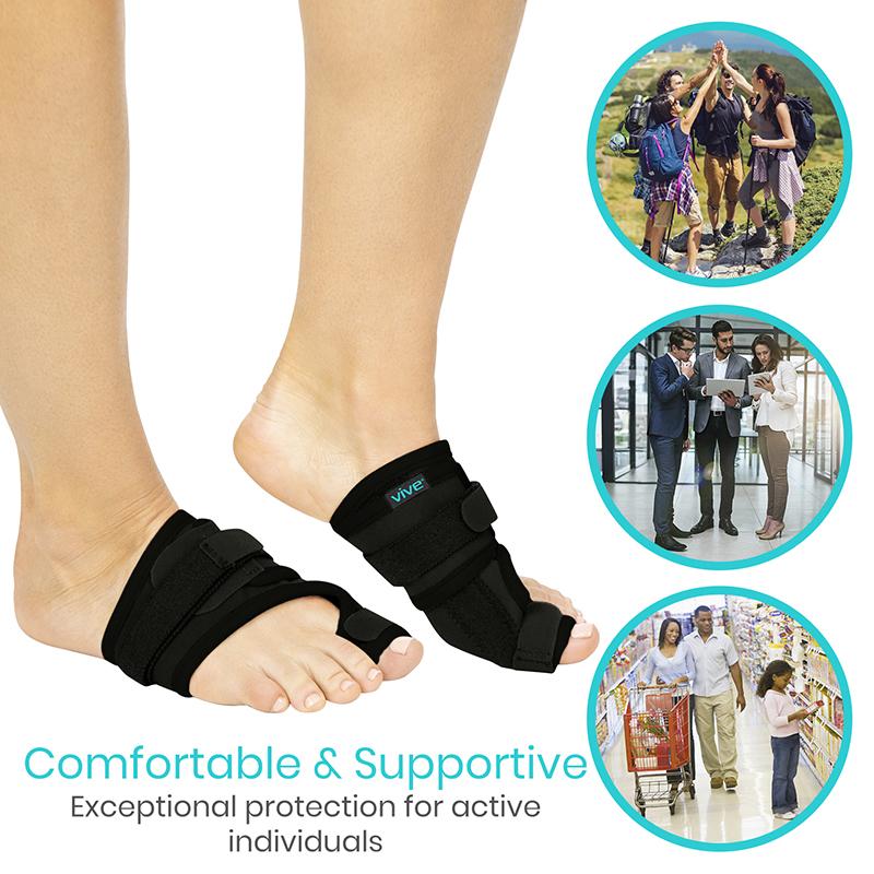 Black foot support brace on feet with lifestyle images of people in different settings.