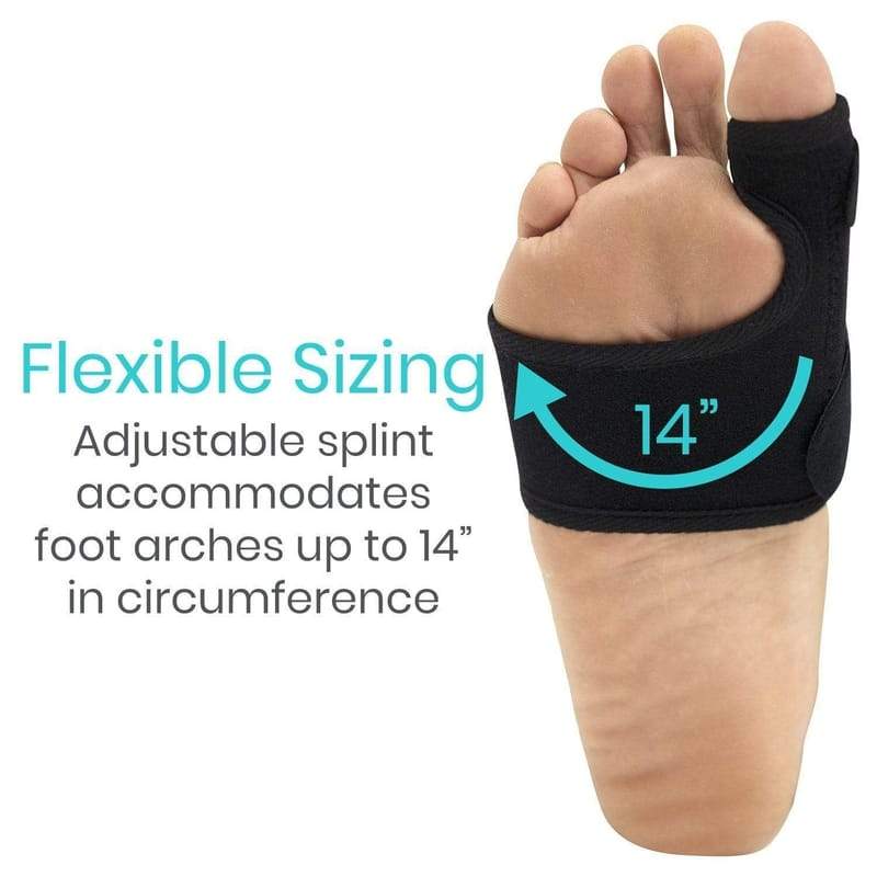 Foot with an adjustable black splint and text about flexible sizing.