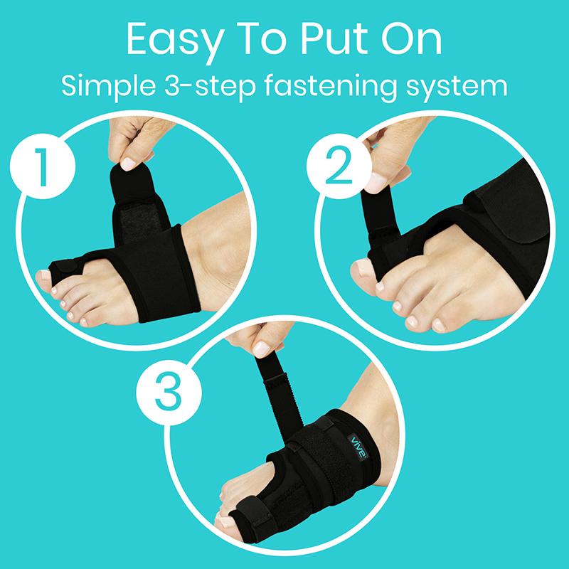 Instructions on how to put on a black foot care device with text 'Easy To Put On Simple 3-step fastening system' on a teal background.