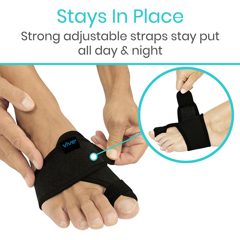 Black adjustable foot strap being worn on a foot with text highlighting its stability.