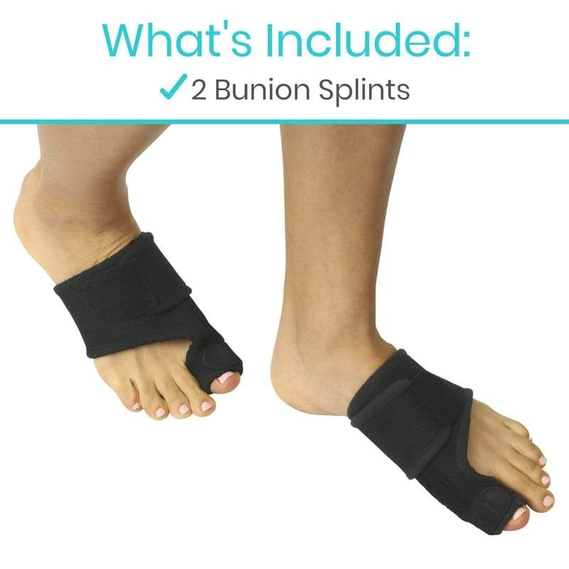 Bunion splints on feet with text indicating '2 Bunion Splints' included.