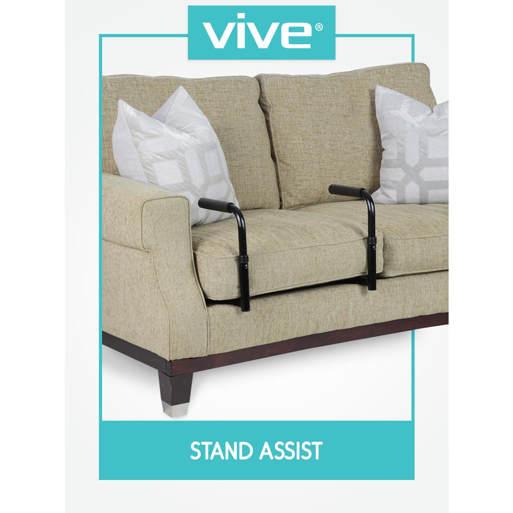 Beige sofa with a stand assist device and 'Vive' branding on a white background