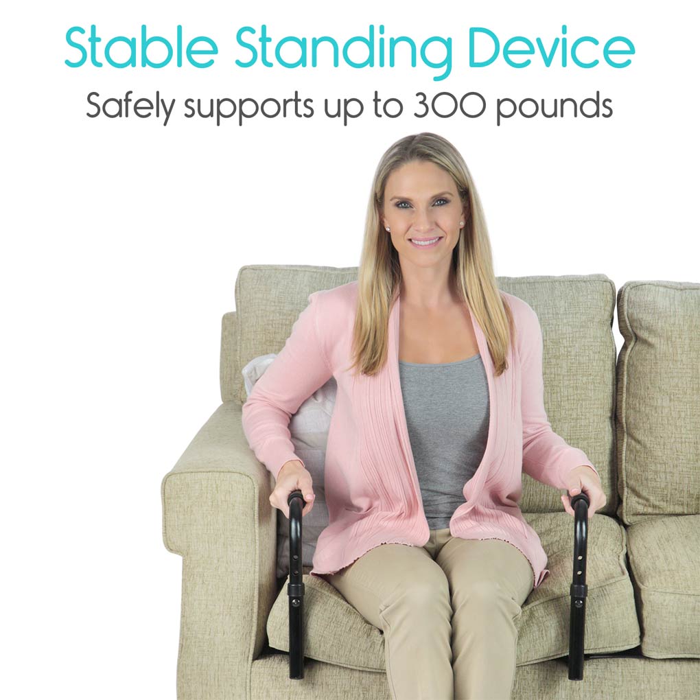 Woman sitting on a stable standing device with text indicating it supports up to 300 pounds.
