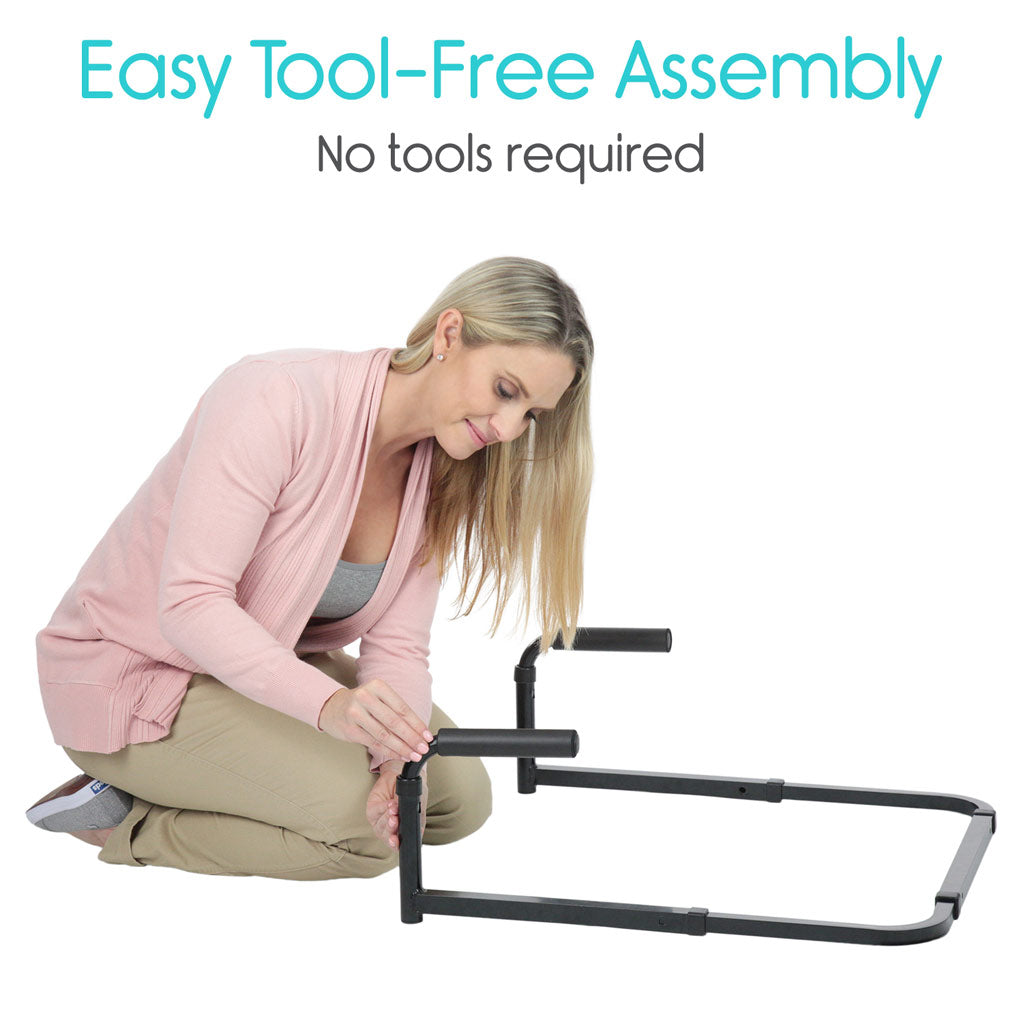 Woman assembling a piece of furniture with text 'Easy Tool-Free Assembly No tools required' on a white background