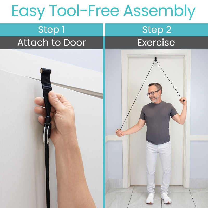 Step-by-step guide for using a door exercise device with text 'Easy Tool-Free Assembly' at the top.