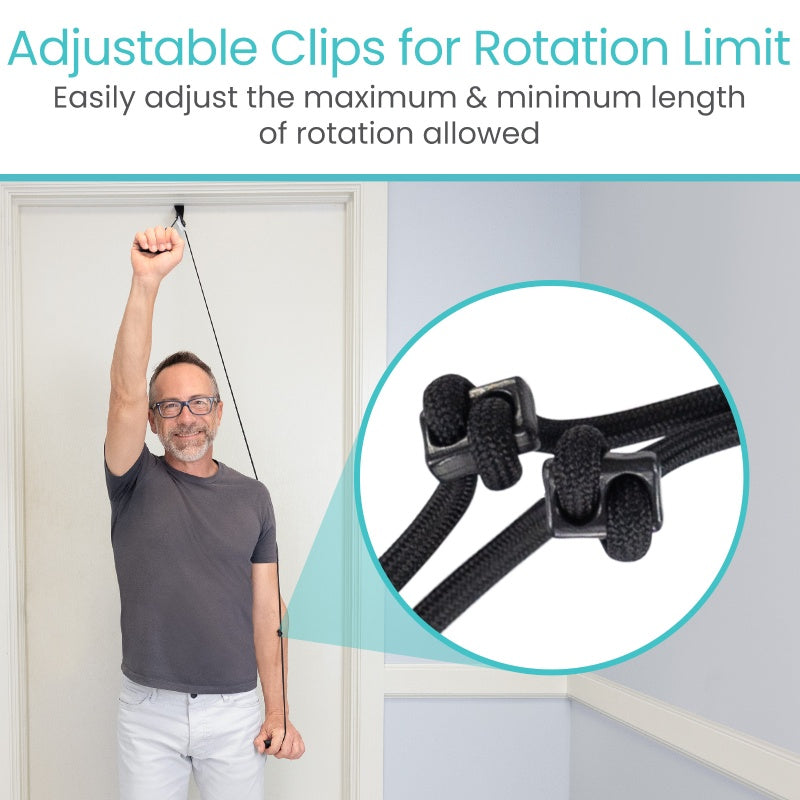 Man using adjustable resistance band with close-up of clips and text about rotation limits.