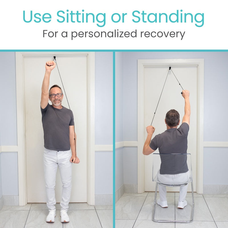 Person using a door anchor system for exercise, with text 'Use Sitting or Standing For a personalized recovery'.
