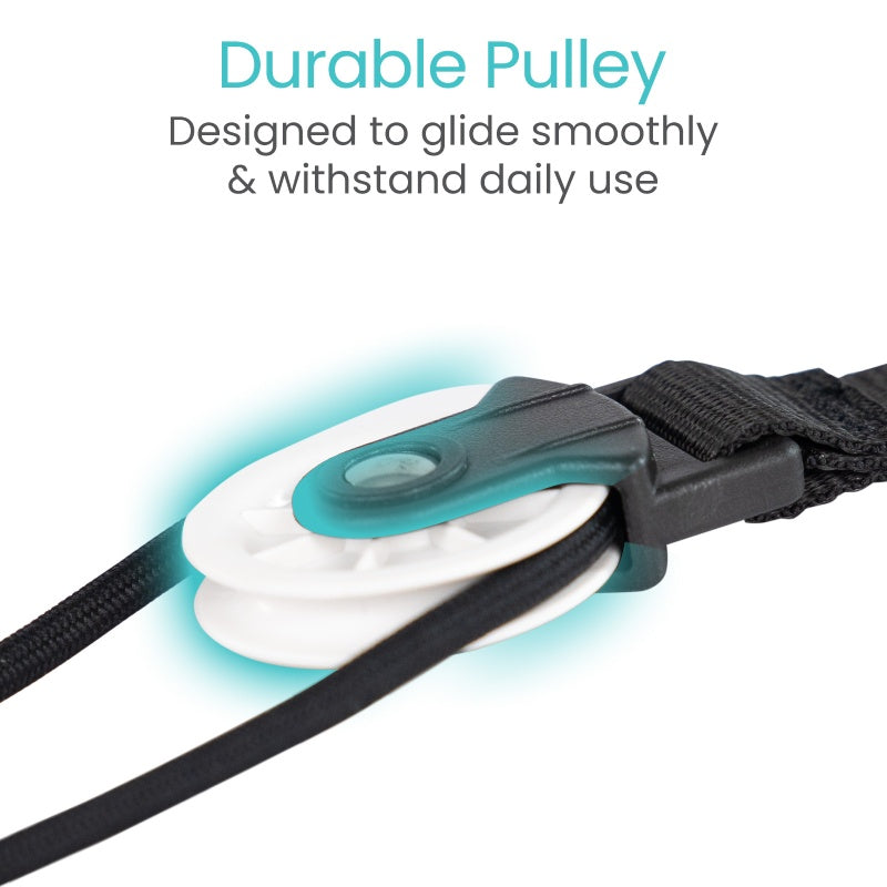 Durable pulley system with text on a white background