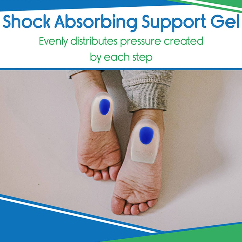 Shock absorbing support gel applied to toes with promotional text about pressure distribution.