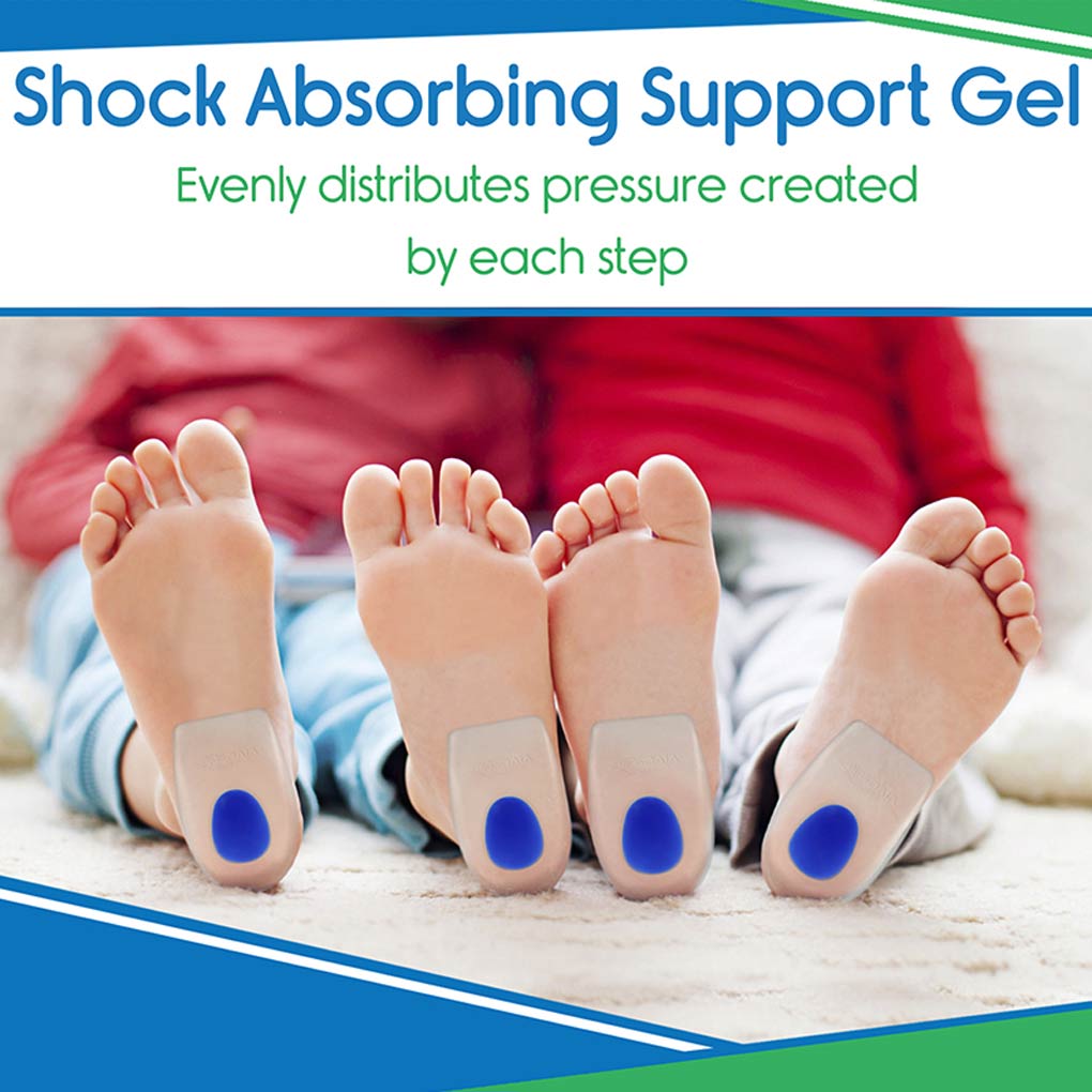 Shock absorbing support gel pads on feet with text about pressure distribution