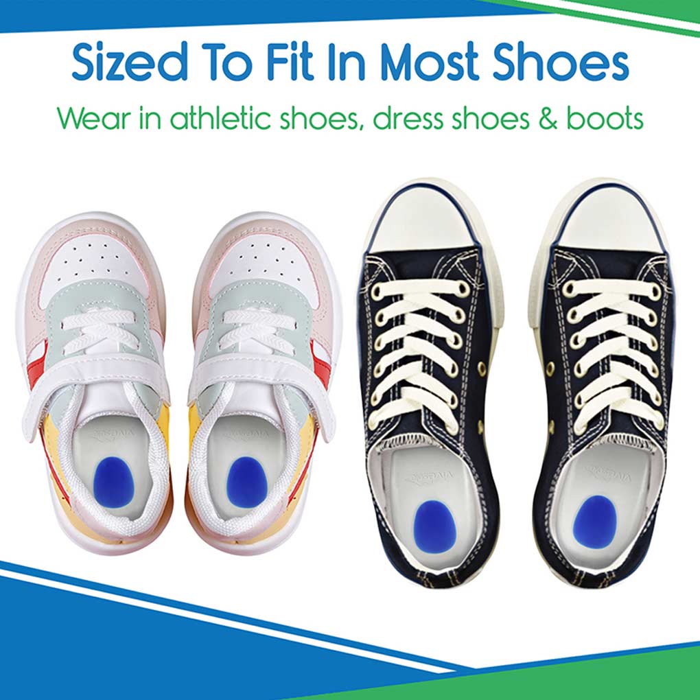 Two pairs of shoes with a blue dot on the sole, labeled 'Sized To Fit In Most Shoes'.